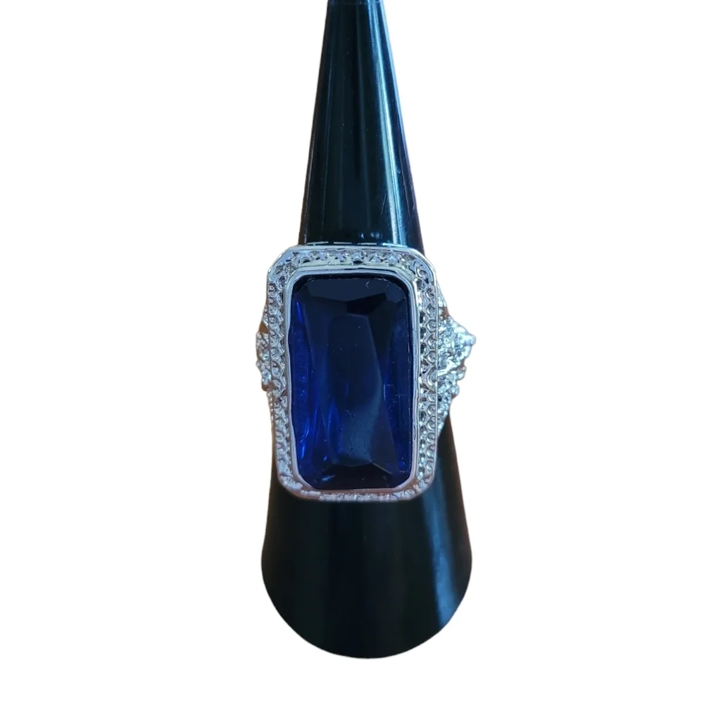 Blue Faux Sapphire Emerald‎ Cut Cocktail Ring Silver Halo Filigree Band Size 7